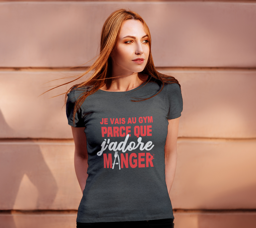 T-shirt je cours parce que j’adore manger Gris